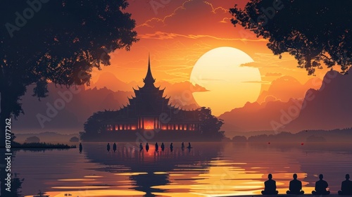 Tranquil Sunrise at the Iconic Wat Phra Kaew Temple in Thailand Serene Cartoon of Buddhist Meditation Ritual