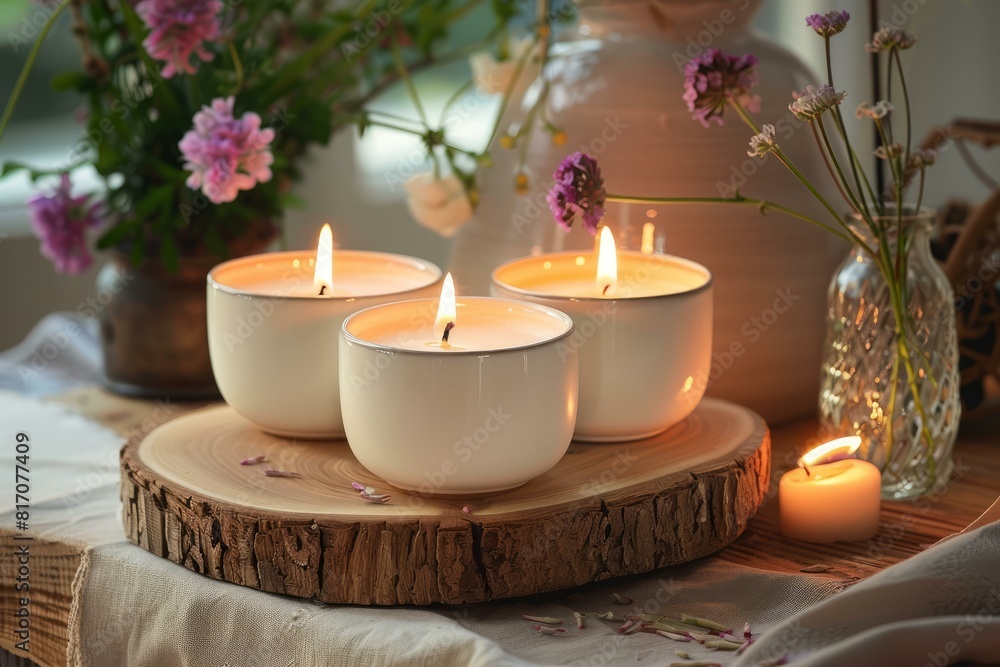 Warm candlelight creates a peaceful ambiance in a cozy home setting, accompanied by fresh flowers Warm candlelight creates a peaceful ambiance in a cozy home setting, accompanied by fresh flowers