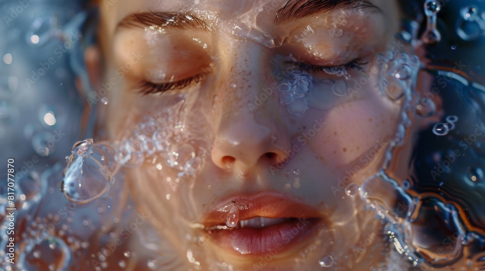 Close-up of a woman's face splashed with refreshing water, revealing her clear, refreshed complexion. Close-up of a woman's face splashed with refreshing water, revealing her clear, refreshed complexion.
