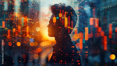 Silhouette of a businessman merged with rising and falling stock market lines in a double exposure style