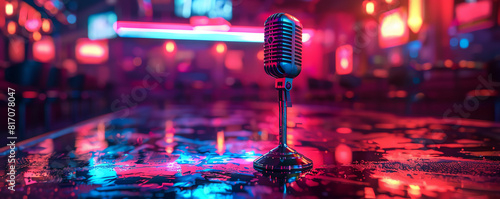 A microphone on an empty stage in a club, waiting for the performer who didn t show Concept The silence of missed performances close up, silent stage theme photo