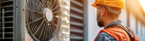 A technician servicing an air conditioning unit to prepare for summer Concept Home maintenance for seasonal comfort close up, climate control theme.
