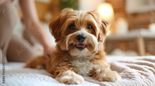 Cute Dog Relaxing on Bed Indoors