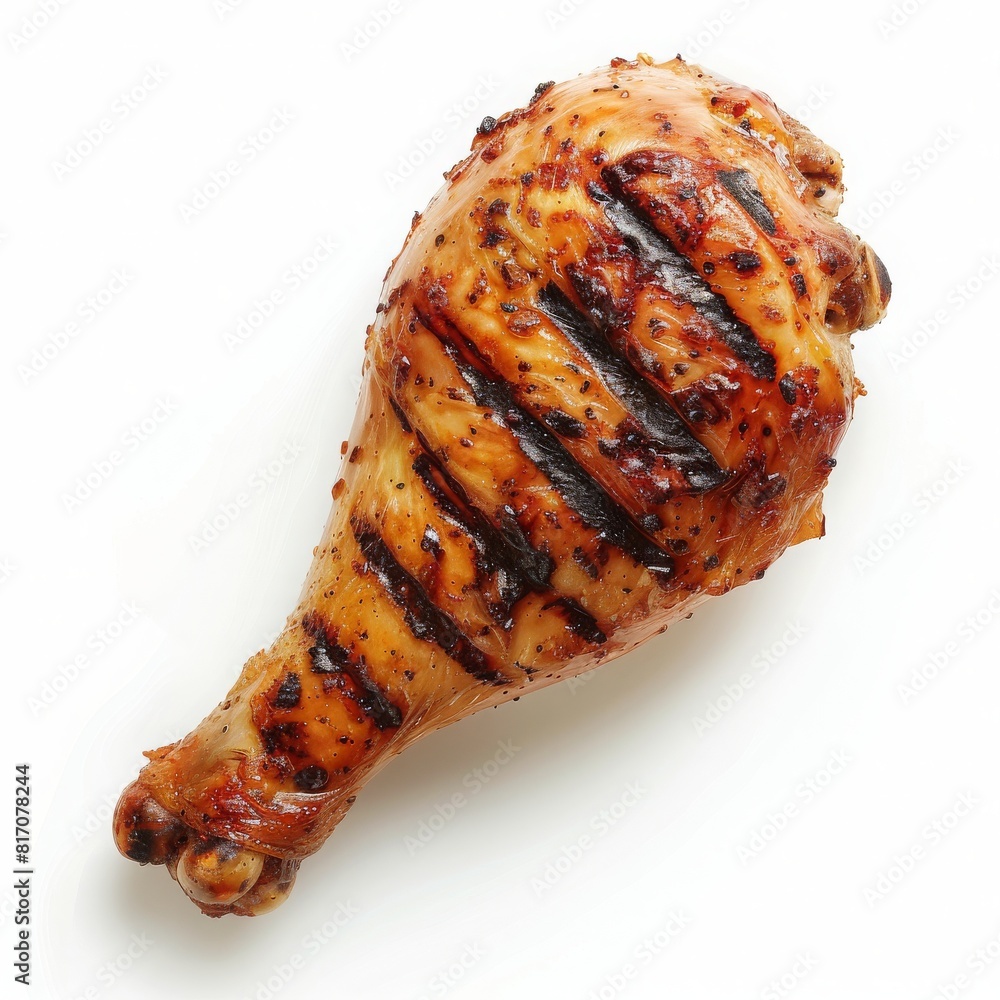 grilled chicken leg with rosemary on a white background, top view. BBQ food, cut-out, cutout grilled chicken leg with rosemary on a white background, top view. BBQ food, cut-out, cutout