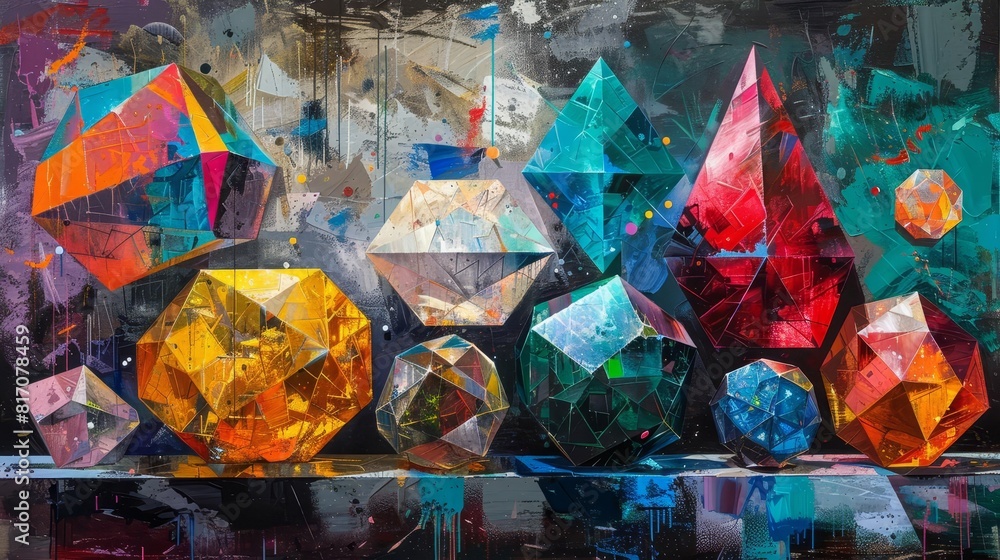 Fototapeta premium An abstract art gallery displaying sculptures of the five Platonic solids, surrealistic style, vivid colors