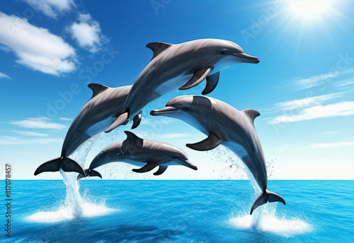 3D Beautiful dolphins swimming. Dolphin jumping above blue water 