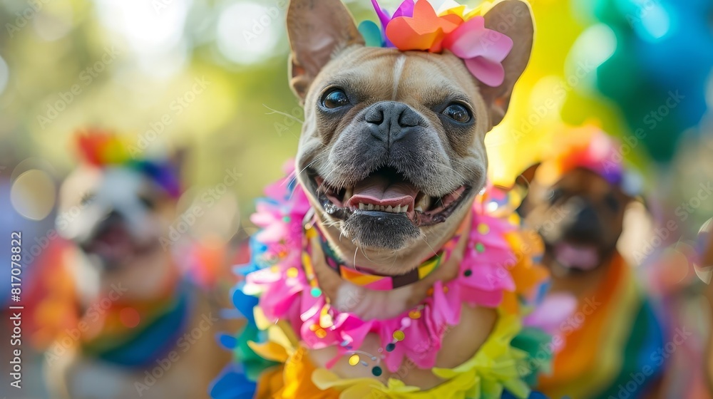 A dog parade at a Pride Festival, pets in rainbow costumes A dog parade at a Pride Festival, pets in rainbow costumes