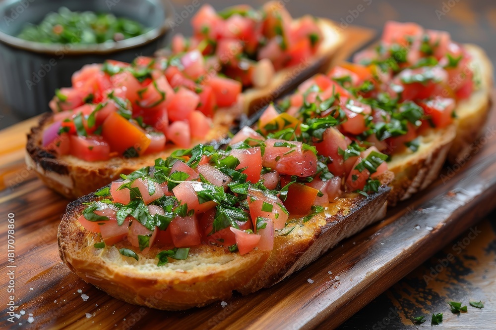 Bruschetta: Toasted bread topped with diced tomatoes, fresh basil, garlic, and a drizzle of olive oil. The colors should be vibrant and fresh. Bruschetta: Toasted bread topped with diced tomatoes, fresh basil, garlic, and a drizzle of olive oil. The colors should be vibrant and fresh.