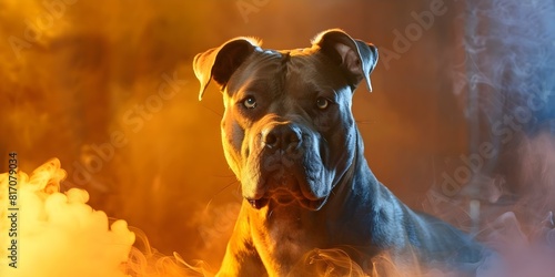 Muscular American Pit Bull in room with chain background smoke present. Concept American Pit Bull, Muscular Dog, Chain Background, Smoke Effects, Indoor Photoshoot photo