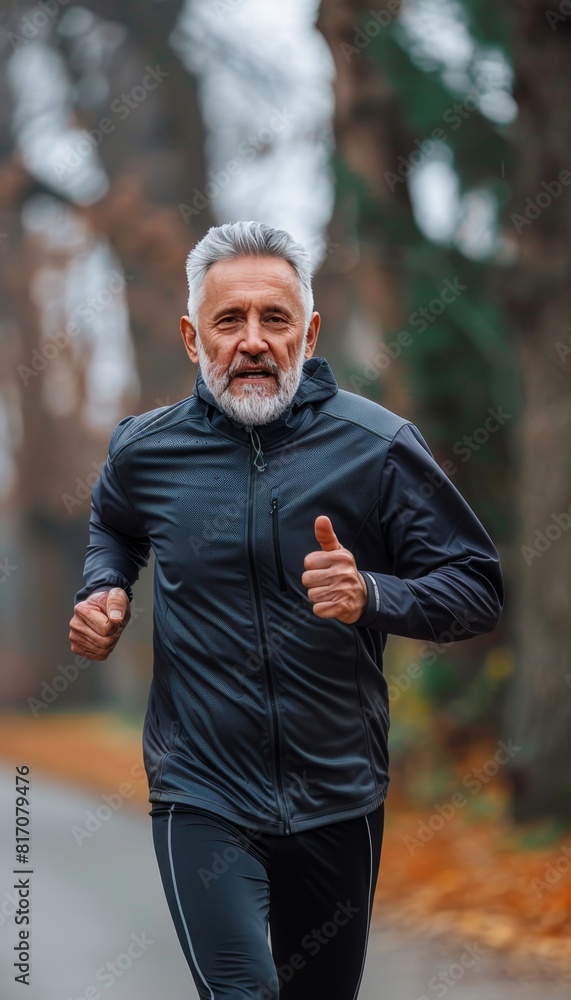 Active senior man enjoying outdoor run, embracing healthy lifestyle for longevity and well-being Active senior man enjoying outdoor run, embracing healthy lifestyle for longevity and well-being