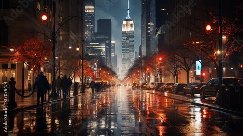 Photograph of a New York cityscape during a rainy evening  the city lights reflecting off the wet street