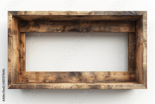Antiquestyle empty brown wooden picture frame against a clean white backdrop, perfect for artwork or photo mockups photo