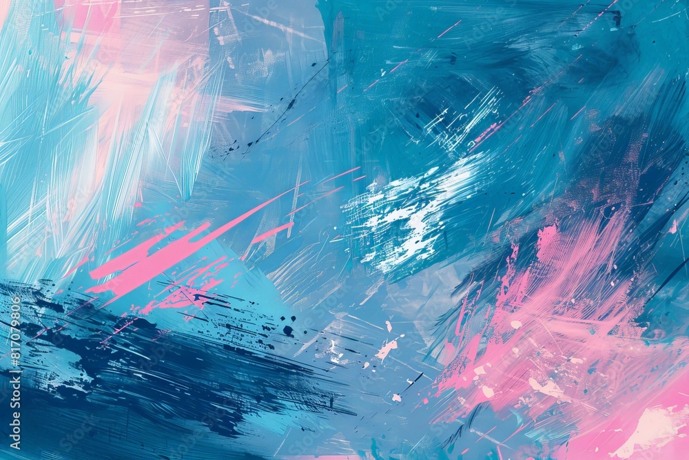 Vibrant and dynamic abstract expressionist brushstroke painting in blue and pink colors on canvas. This modern and contemporary artwork showcases bold and creative strokes with splatter and texture Vibrant and dynamic abstract expressionist brushstroke painting in blue and pink colors on canvas. This modern and contemporary artwork showcases bold and creative strokes with splatter and texture