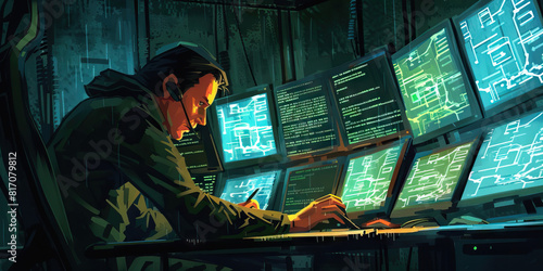  In a dimly lit lair, a tech-savvy cyberpunk furiously manipulates multiple screens, eyes scanning intricate code and encrypted transmissions. They hunt for vulnerabilities to exploit and the next big