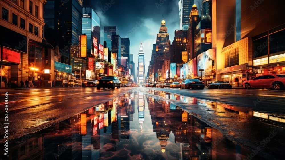 Photograph of a New York cityscape during a rainy evening, the city lights reflecting off the wet street
