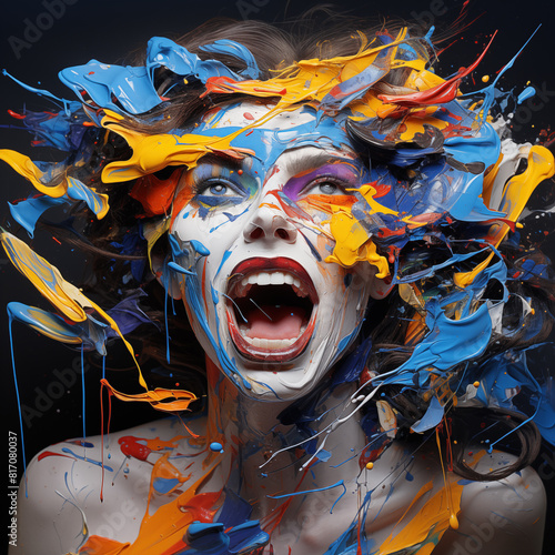 illustration of a face of a screaming woman,  overworked, nervous from stress, anxiety, fear, trauma, tension, hassles photo