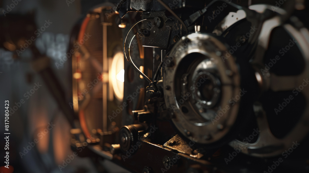 Close-up of complex cinema projector internals, machinery gears under warm light. Close-up of complex cinema projector internals, machinery gears under warm light.