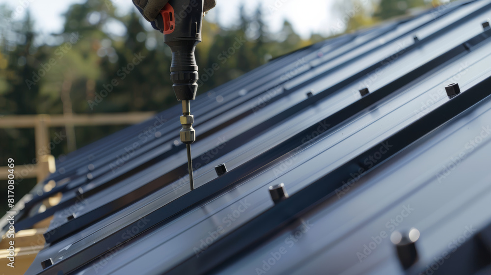 A focused view on a drill in action, securing metal roofing with precision.