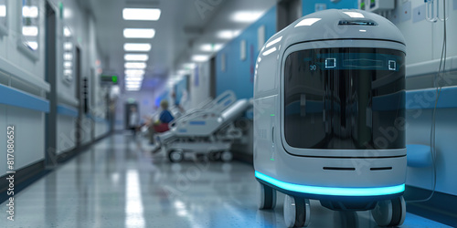 A futuristic med-bot, its sleek surfaces glistening in the sterile fluorescent light, carefully maneuvers through a crowded hospital corridor, delivering much-needed medical supplies to patients. photo