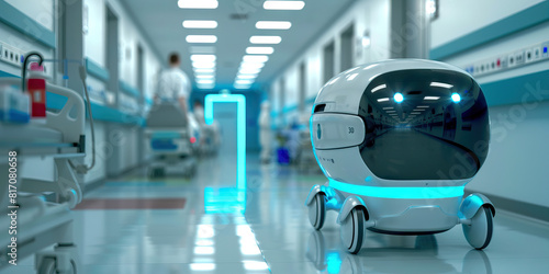 A futuristic med-bot, its sleek surfaces glistening in the sterile fluorescent light, carefully maneuvers through a crowded hospital corridor, delivering much-needed medical supplies to patients.