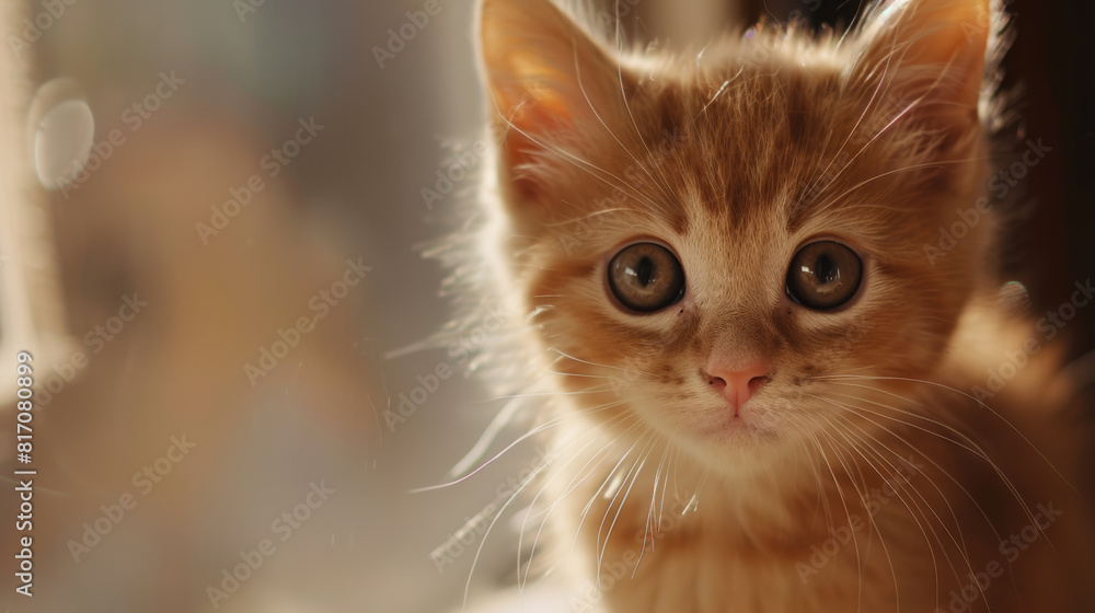 Close-up of an adorable ginger kitten with wide, soulful eyes, framed by warm light.
