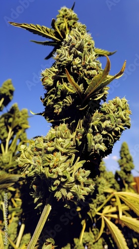 Close-Up of Cannabis Buds Against Blue Sky