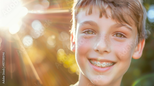 Sun-kissed boy with braces sharing a carefree smile in an intimate moment of bliss.
