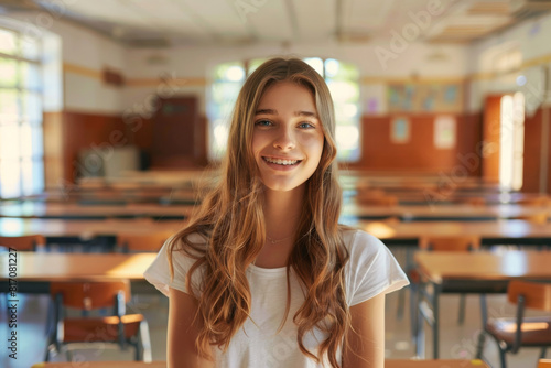 A female student is taking a photo during her class at a school  with an attractive smile and looking at the camera joyfully.