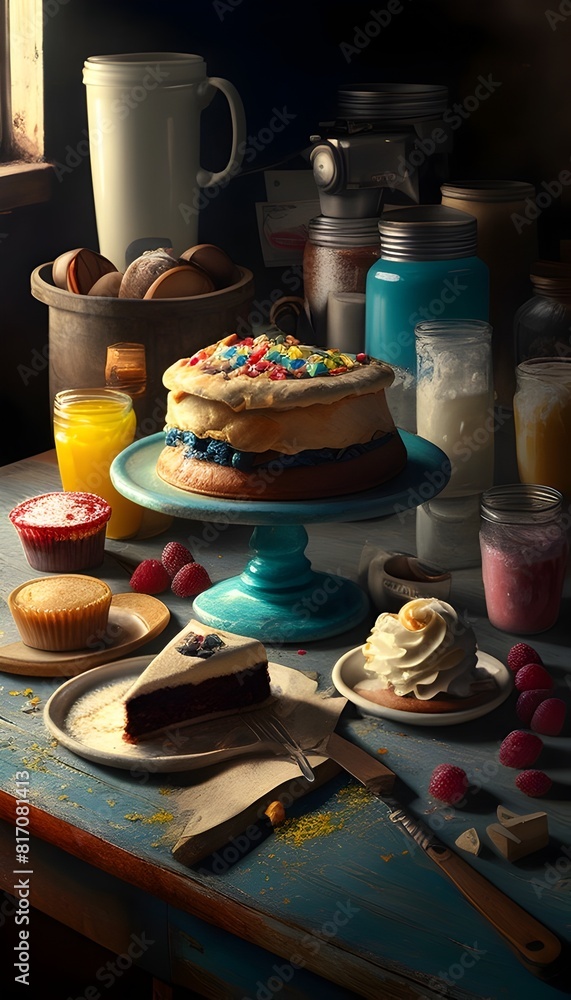 Culinary A Messy Kitchen Scene Brimming with Delectable Cakes and Pastries Culinary A Messy Kitchen Scene Brimming with Delectable Cakes and Pastries
