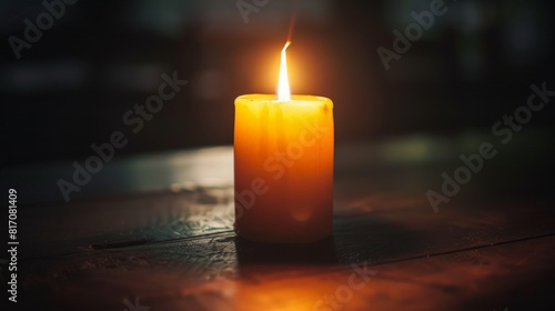 A single lit candle in a dark room, casting a warm glow, rule of thirds composition, sharp focus
