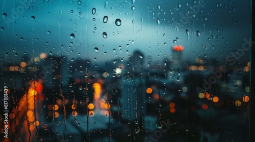 A single raindrip rolling down a window pane  city lights blurred in the background. Rule of thirds composition 