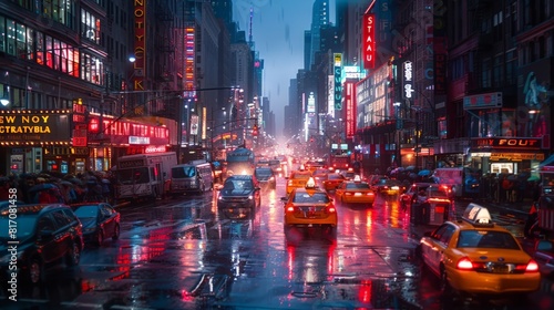 Photograph of a New York cityscape during a rainy evening, the city lights reflecting off the wet street