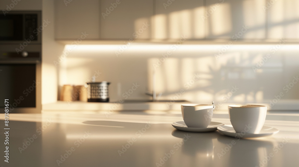 Tranquil morning in a modern kitchen with two cups and the play of light and shadows.