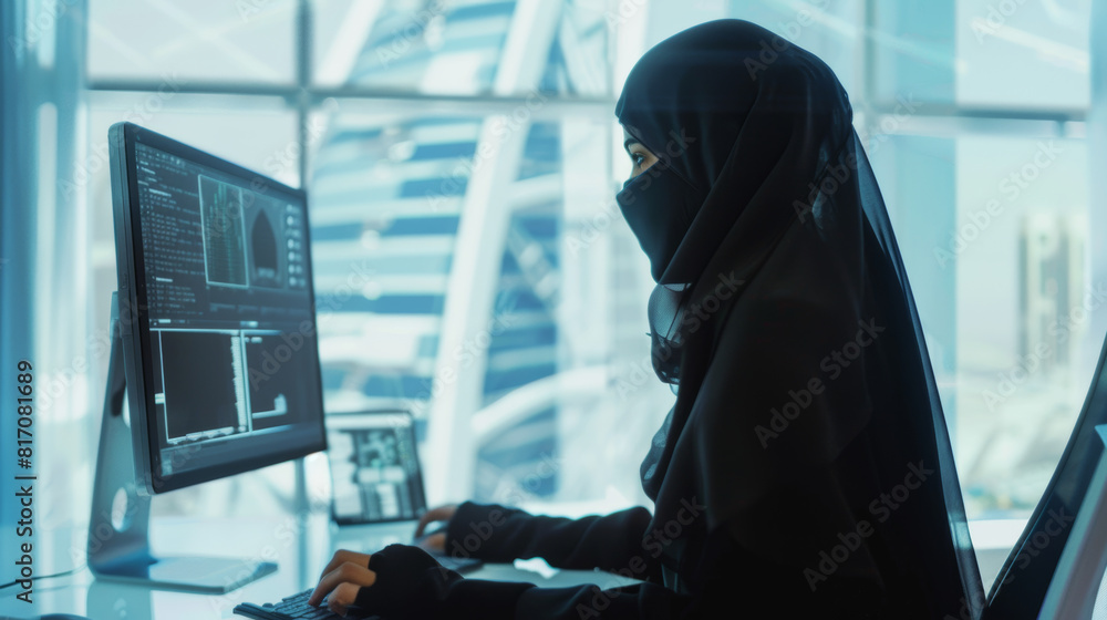 Determined woman in hijab expertly navigates digital work on dual monitors. Determined woman in hijab expertly navigates digital work on dual monitors.