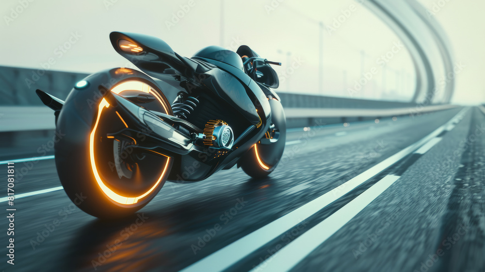 Fototapeta premium A dark advanced motorcycle with neon highlights speeds through a futuristic tunnel.