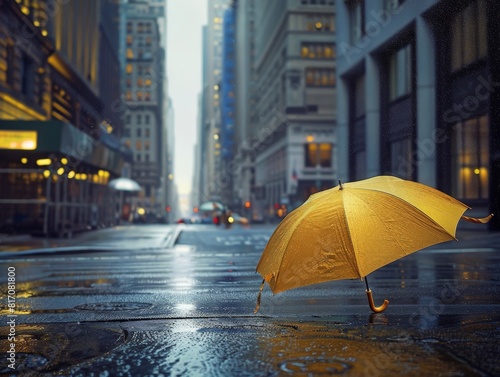 A solitary  forgotten umbrella left open on a rainy city street. Rule of thirds composition 