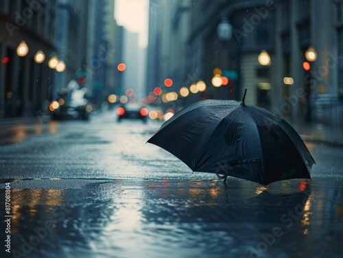 A solitary  forgotten umbrella left open on a rainy city street. Rule of thirds composition 