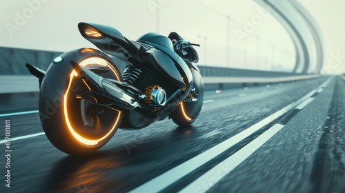A dark advanced motorcycle with neon highlights speeds through a futuristic tunnel.