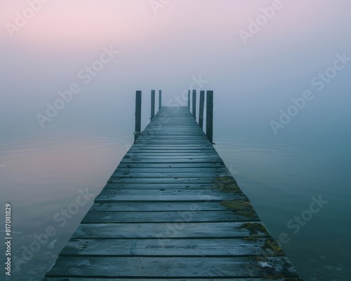 A solitary  weathered wooden dock extending into a misty lake at dawn. Golden ratio composition 