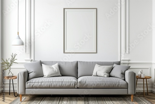 Modern Living Room Interior with Gray Sofa and Blank Picture Frame