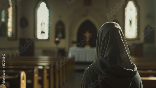 Silhouetted nun in prayer, facing altar in a serene church setting.