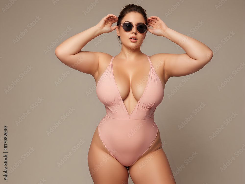 a confident plus-size woman in a blush pink swimsuit and stylish sunglasses, posing with her hands adjusting the glasses in a neutral-toned background a confident plus-size woman in a blush pink swimsuit and stylish sunglasses, posing with her hands adjusting the glasses in a neutral-toned background