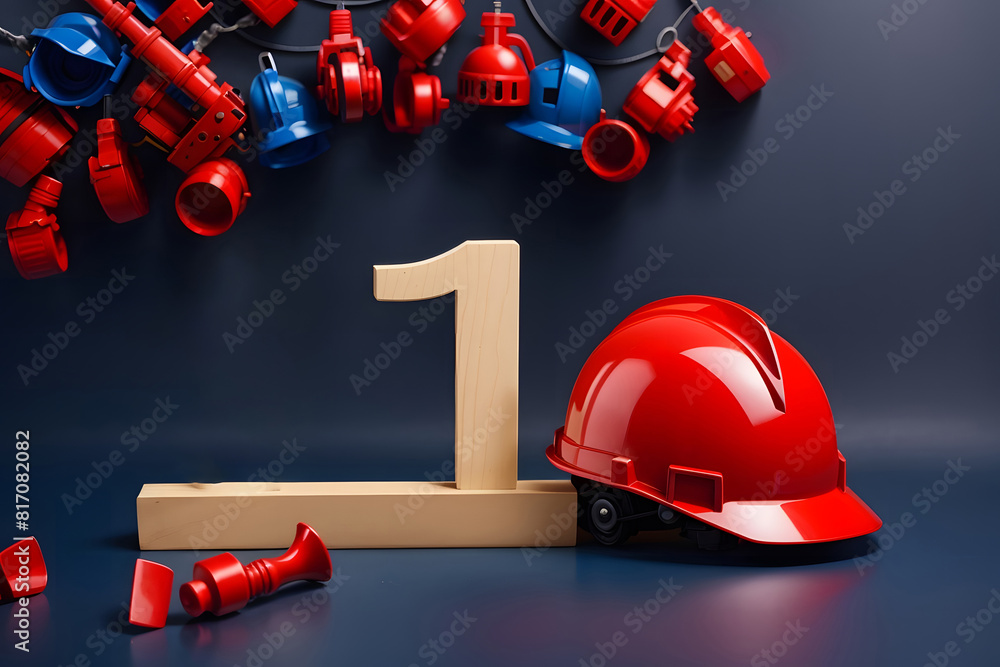 Naklejka premium International Labor Day, May 1, banner with a red safety helmet on the red number one, dark blue background