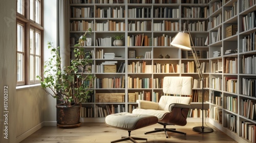 Cozy minimalist-style reading nook with a comfortable armchair, floor lamp, and built-in bookshelves.