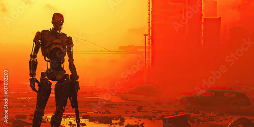 A cyborg warrior stands tall and ready, their advanced prosthetic limbs gleaming in the harsh artificial light, as they stand sentry over a post-apocalyptic wasteland.