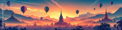 Enchanting Aerial Panorama of Wat Phra Kaew Surrounded by Whimsical Hot Air Balloons during Breathtaking Sunset