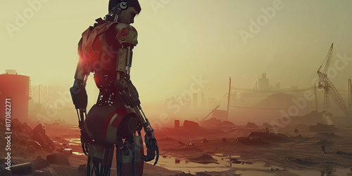 A cyborg warrior stands tall and ready, their advanced prosthetic limbs gleaming in the harsh artificial light, as they stand sentry over a post-apocalyptic wasteland. photo