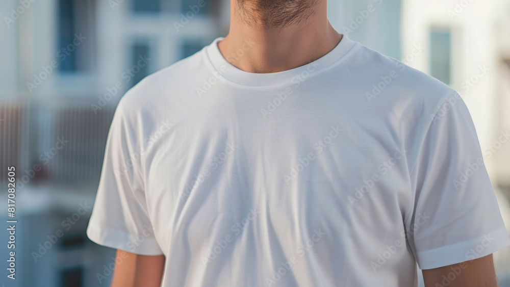 Back view of a man wearing a white t-shirt against an urban backdrop. Back view of a man wearing a white t-shirt against an urban backdrop.