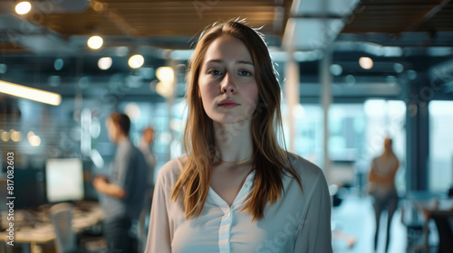 Confident professional woman stands focused inside a modern business office setting.