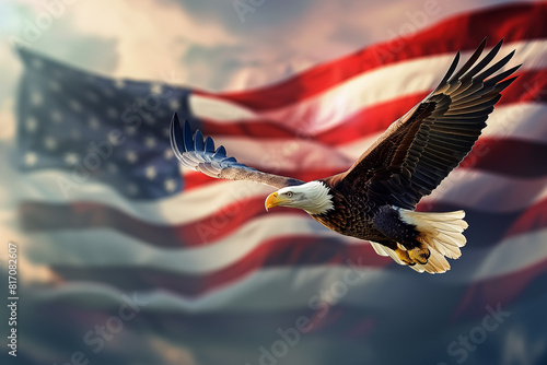 American Bald Eagle flying on US flag background. National emblem of the United States. America veterans day or Independance day symbol